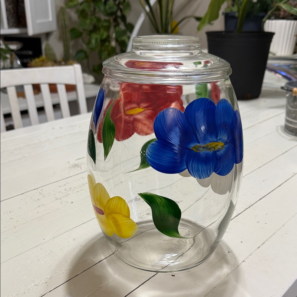 Bartlett Collin’s Floral colourful hand painted Glass cookie Jar with Lid